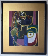 Original Mid Century Modernist Cubist Style Figurative Oil On Board Painting