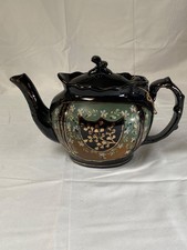 Antique  Victorian Black Lustre Teapot Hand Painted Floral & Gold Gilding