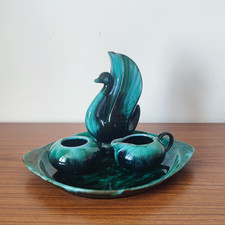 Mid Century Vintage Blue Mountain Pottery 4Pc Set - Swan Vase / Bowl, Jug & Tray