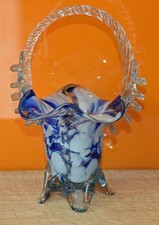 Stunning  Murano Blue white art glass basket with handle vase 21cms high