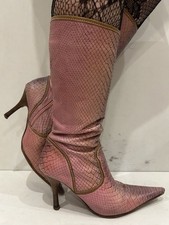 Stunning Faith Solo Pink Leather Croc Print Pointed Toe Mid Calf Boots UK6 EU39