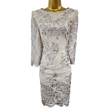 Vintage Karen Millen 12 UK Grey Oriental Floral Embroidered Mini Pencil Dress