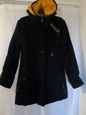 Superdry Premier Wool Blend Pea Coat Bridge Jacket Black Yellow Hood Size S Men