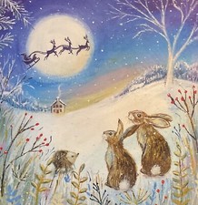 Christmas Eve Hedgehog & Rabbits - Charity Christmas Card ~ SINGLE CARD 14cm #D