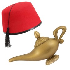 ALADDIN ARABIAN FANCY DRESS COSTUME RED FEZ & GOLD GENIE LAMP PANTOMINE