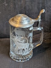 Vintage Zinn German Glass Beer Stein Pewter Lid Stag In Forest Decoration VGC