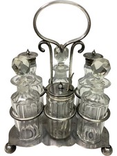 Vintage Silver Plated Cruet Set Crystal Bottles Condiment Holder Tableware TH
