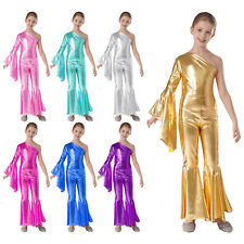 Kids Girls Metallic Shiny 70s Disco Jumpsuit Flare Bell Bottom Rompers Bodysuit