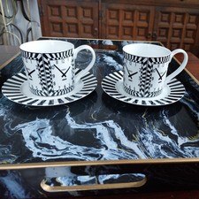 Pair of Timney Fowler Cups And Saucers Clock Pattern Black and White.
