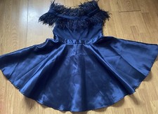 Goddiva London Navy Satin Bardot Mini Dress with Feathers UK Size 14 NWTGs