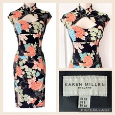 KAREN MILLEN Cheongsam Obi Dress - Size 10 Chinese Oriental Floral Corset Pencil