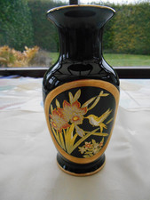 CHOKIN VASE  JAPANESE   BLACK &GOLD GILDING     BIRD AND DAFFODIL  PATTERN  