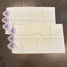 Vintage Pair Lilac Purple Crochet Lace 17x30" White Pillow Cases Handmade READ