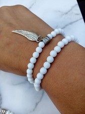 Angel WING charm bracelet SET Tibet silver tone white Beads Stretch Stacking 