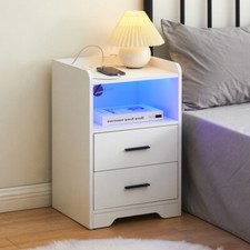 LED Light Bedside Table Nightstand High Gloss 2 Drawers USB Port Power Plug