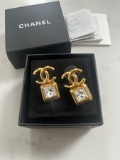 Authentic Chanel Earrings Gold CC Crystal Stud With Box & Receipt