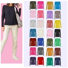 Women Ladies Long Sleeve Stretch Plain Round Scoop Neck T Shirt Top assorted