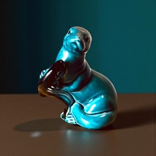 Vintage Animal Poole Pottery Blue Glaze Figurine Otter / Seal holding a Fish