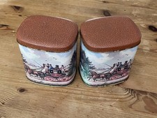2 Vintage tea caddies, tins with hinged lids with carriage scenes, empty