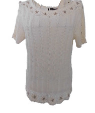 Frank saul off white crochet knit acrylic nylon short sleevebead  top   36 