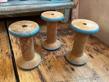3 Vintage Wooden Industrial Textile Bobbins / Bobbin / Reels  Blue