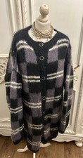 Vintage retro 1980s Handknit Mohair Check Black Grey Boho  Long Cardigan 18