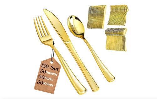 Gold plastic cutlery set - plastic,