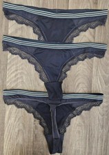 3 x Ladies M S Thong Briefs Navy , stripe waistband & lace trim