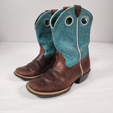 Ariat Brown Leather Square Toe Cowboy Boots Kids Youth Size 12 Western Teal