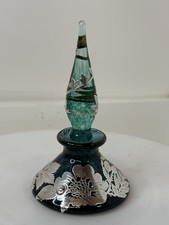 Antique Art Deco Glass Emerald Green with Solid Silver Overlay Perfume Bottle
