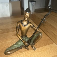 African Asian Bronze Man With Instrument Figure Bohemian Decor Statue Tribal