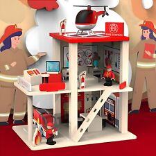 RLS Wooden Toy Fire Station Playset, Pretend Play Dollhouse 3 Levels with Access