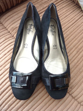 M&S Footglove Wider Fit Slip on Black Suede Court Shoes Buckle Detail Size 6