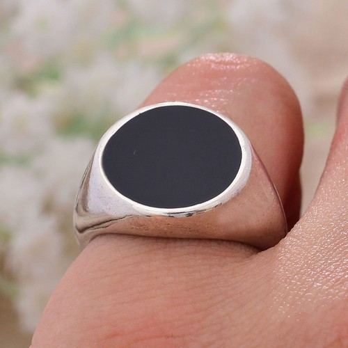 Black onyx signet silver ring - black,