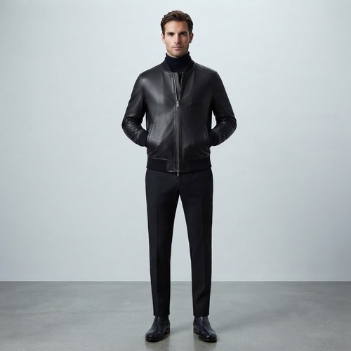 Men black leather bomber - men's,