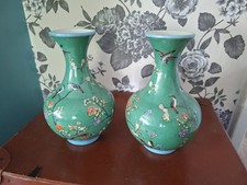 A Pair Of Elegant Vases, In A Chinese Design,  In A Beautiful Green Colour