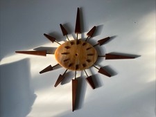 Vintage Mid Century Manley Sunburst Wall Clock - Teak, Brass, Faux Marble