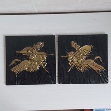 Vintage Medieval Horse Knight Wall Plaque X2 Square Hanging Brass England 70s