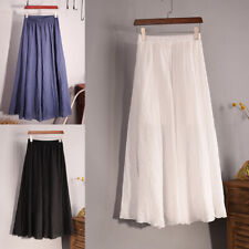 Summer Women Cotton Linen Maxi Skirt Lady Solid Pleated Long Skirts Boho Dresses