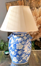 Large Blue & White Ceramic Vase Table Lamp Floral Oriental Style w Shade Vintage