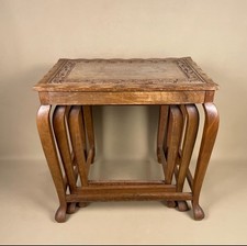 Vintage Nest 3 Wooden Coffee Tables Scalloped Edge Floral Hand Carved c.1960's