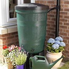 200L Garden Water Butt Wood Effect Barrel With Stand & Diverter Kit Green