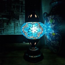 Turkish Moroccan Bronze Table Lamp Colorful Mosaic Glass Desk Light + Free Bulb