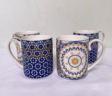 DENBY MONSOON HOME Cordoba Mugs Blue & Yellow Set of 4 Geometric Fine China