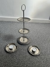 Silver Plated  Vintage Folded 3 Tier Cake Stand + 2 Small Plates