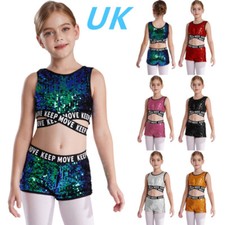 UK Kids Girls 2Piece Dance Sport Outfit Sequins Sleeveless Tops with Shorts Set