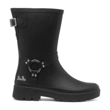 JuJu Womens Wellies Black Adults Ladies Biker Pull On Gripped Adjustable Buckle