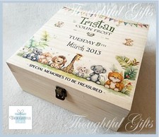 Large Safari Animal Personalised Baby Wooden Keepsake Memory Box Christening