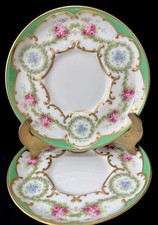 J Green-Aynsley Antique Bone China Sauces Green Boarder Leaf Swags & Roses x 2