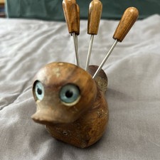 Vintage Duck Blue Eyed Teak Wood Cocktail Hor D'oeuvres 5 Picks 1960’s